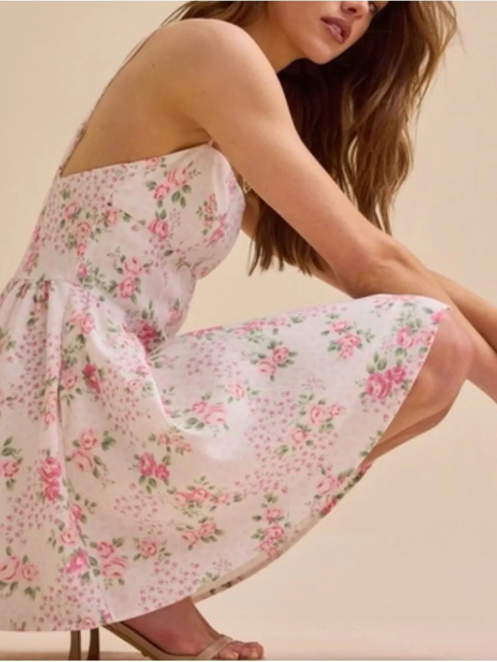 Altar'd State White Floral Mini Dress with Pink Roses, Pockets, size Large - Picture 2 of 10